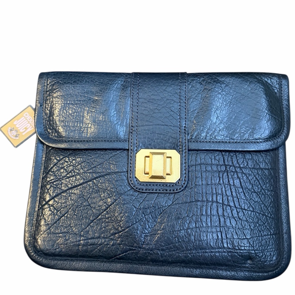 Vintage Y2K JUICY COUTURE Leather Steel Grey Flat Large Clutch Bag BRAND NEW